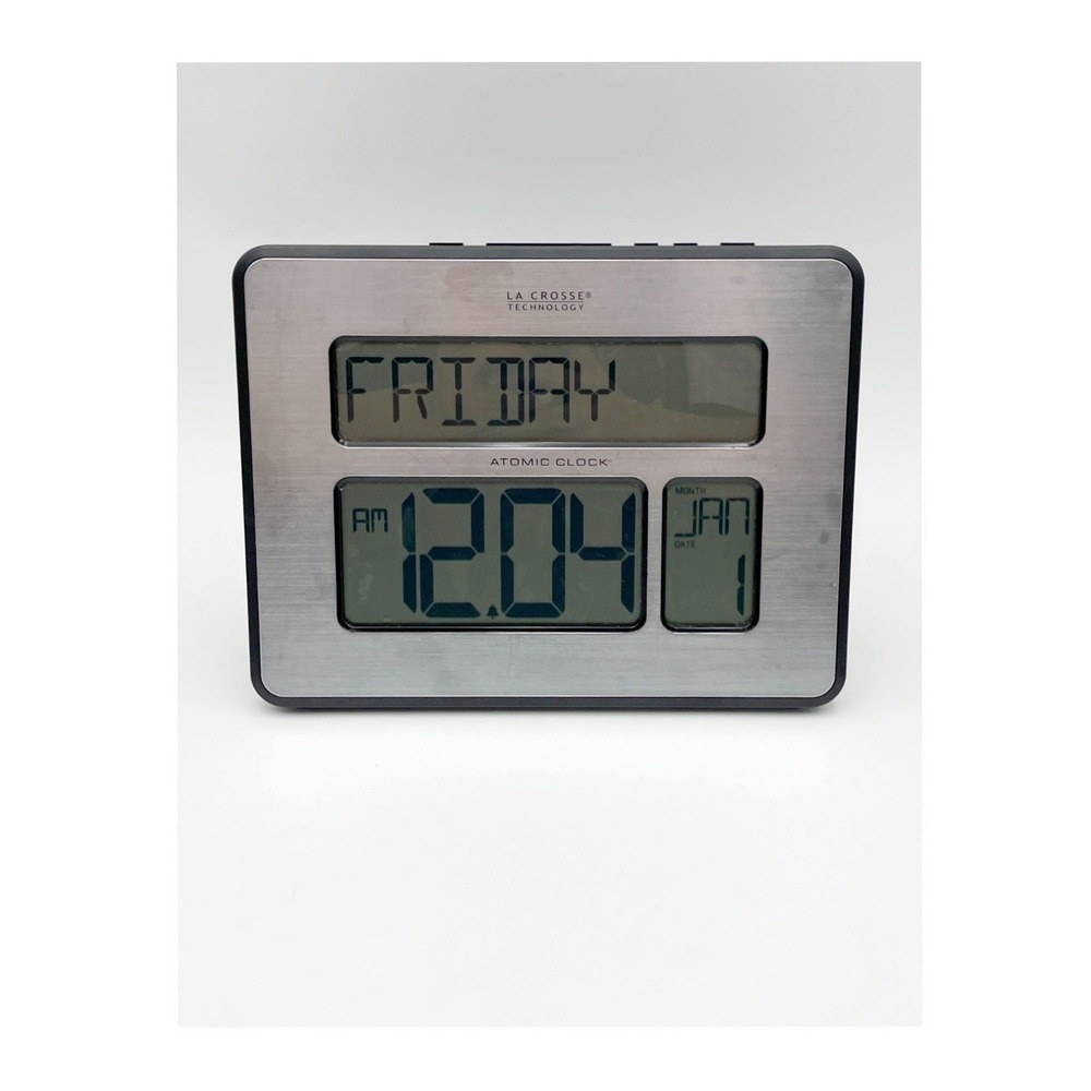 La Crosse Technology C86286 Atomic Full Calendar Digital Silver Wall Clock EUC